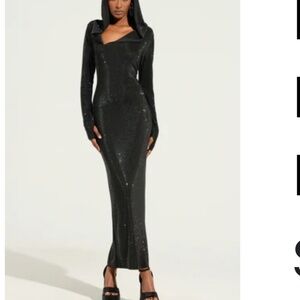 AKIRA IMA SHINE RHINESTONE HOODED MIDI DRESS IN BLACK Size XLXL